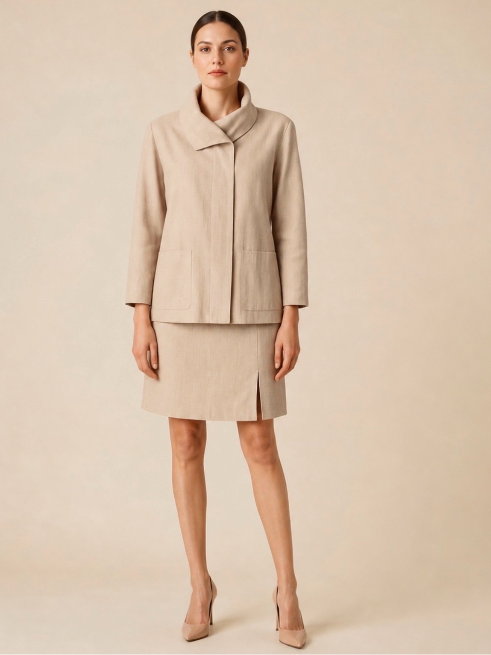Cathy Hardwick 100% Linen Beige Skirt Suit Set Jacket & Skirt Size 8 Classic